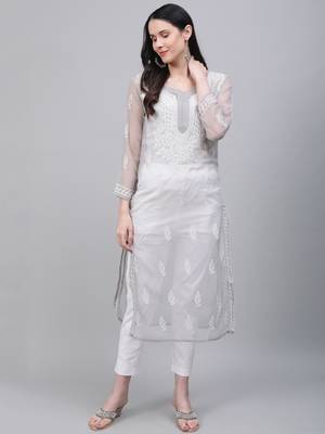 Grey hand woven art silk chikankari-kurtis 3
