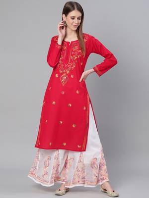 Red hand woven cotton chikankari-kurtis 1
