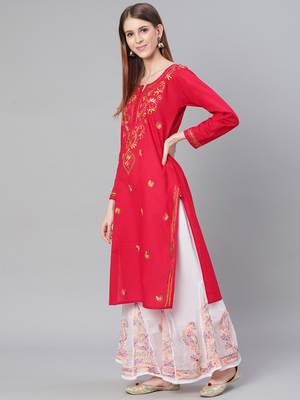 Red hand woven cotton chikankari-kurtis 3
