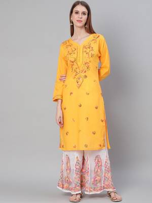 Yellow hand woven cotton chikankari-kurtis 1