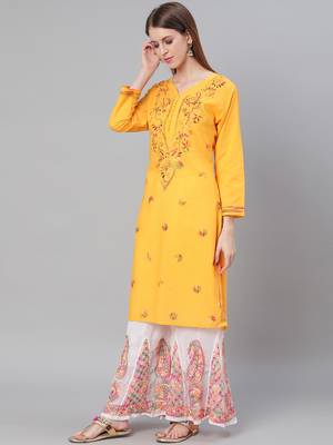 Yellow hand woven cotton chikankari-kurtis 3