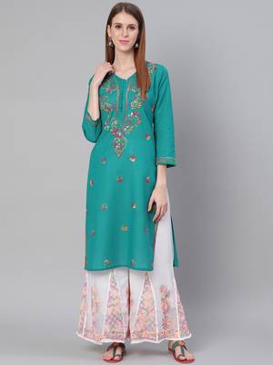 Green hand woven cotton chikankari-kurtis 1
