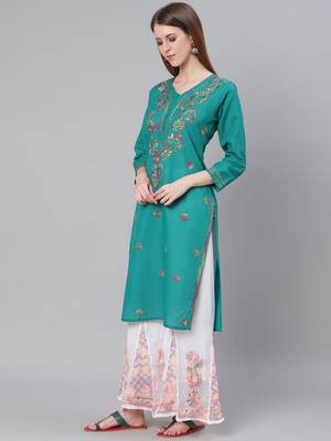 Green hand woven cotton chikankari-kurtis 3