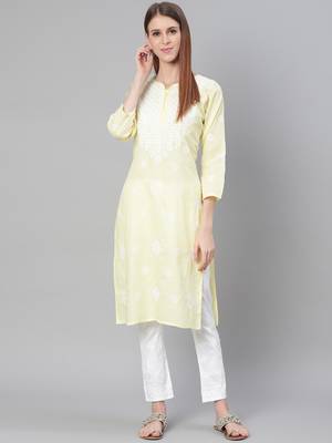 Lemon hand woven jute cotton chikankari-kurtis 1