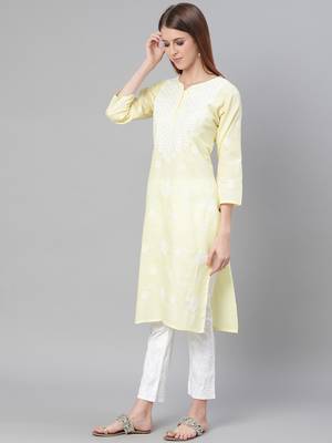 Lemon hand woven jute cotton chikankari-kurtis 3