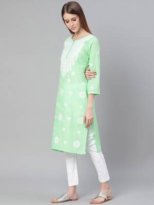 Light-green hand woven jute cotton chikankari-kurtis 3