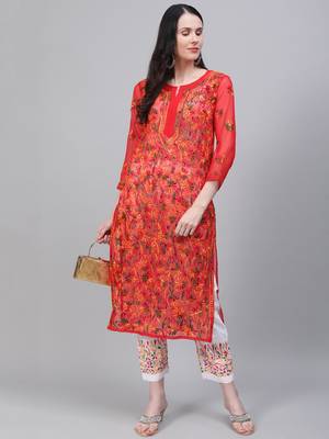 Red hand woven art silk chikankari-kurtis 1