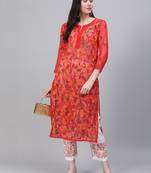 Red hand woven art silk chikankari-kurtis