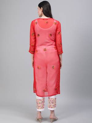 Red hand woven art silk chikankari-kurtis 2