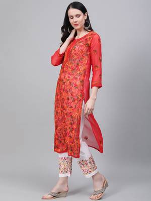 Red hand woven art silk chikankari-kurtis 3