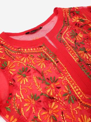 Red hand woven art silk chikankari-kurtis 4