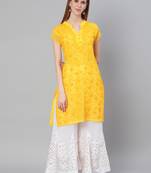 Yellow hand woven art silk chikankari-kurtis