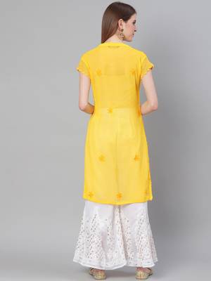 Yellow hand woven art silk chikankari-kurtis 2