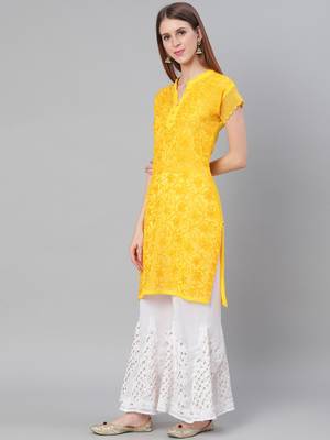 Yellow hand woven art silk chikankari-kurtis 3
