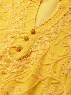 Yellow hand woven art silk chikankari-kurtis 4