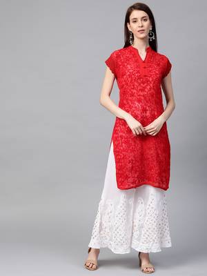 Red hand woven art silk chikankari-kurtis 1