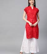 Red hand woven art silk chikankari-kurtis