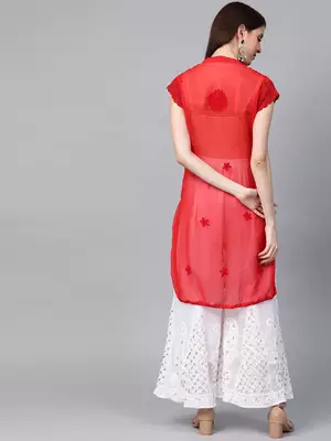 Red hand woven art silk chikankari-kurtis 2