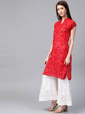 Red hand woven art silk chikankari-kurtis 3