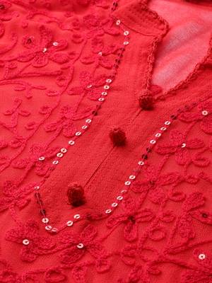 Red hand woven art silk chikankari-kurtis 4