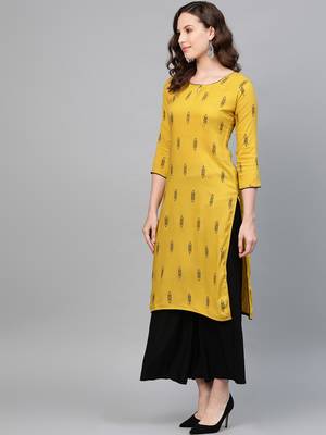 Mustard printed rayon kurtas-and-kurtis 3