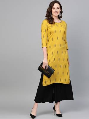Mustard printed rayon kurtas-and-kurtis 4