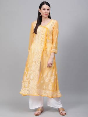 Yellow embroidered georgette embroidered-kurtis 1