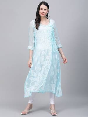 Sky-blue embroidered georgette embroidered-kurtis 1