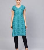 Royal-blue embroidered cotton embroidered-kurtis