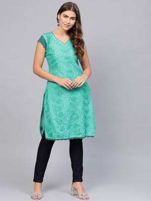 Sea-green embroidered cotton embroidered-kurtis 1