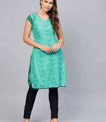 Sea-green embroidered cotton embroidered-kurtis