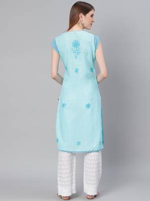 Sky-blue embroidered cotton embroidered-kurtis 2