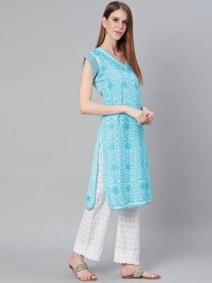Sky-blue embroidered cotton embroidered-kurtis 3
