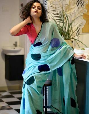 Sky blue printed linen saree with blouse 1
