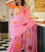 Pink printed linen saree with blouse
