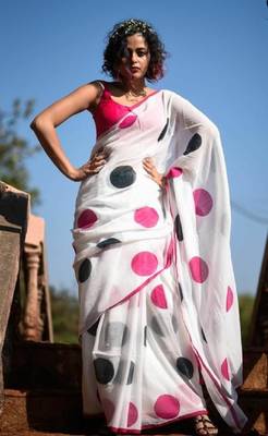 White printed linen saree with blouse 2