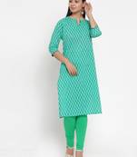 Turquoise printed cotton kurtas-and-kurtis