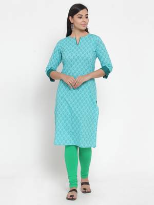 Turquoise printed cotton kurtas-and-kurtis 1