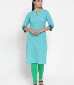 Turquoise printed cotton kurtas-and-kurtis