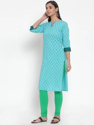 Turquoise printed cotton kurtas-and-kurtis 3