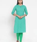 Turquoise printed cotton kurtas-and-kurtis