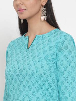 Turquoise printed cotton kurtas-and-kurtis 4