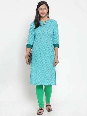 Turquoise printed cotton kurtas-and-kurtis 5