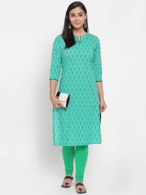 Turquoise printed cotton kurtas-and-kurtis 5