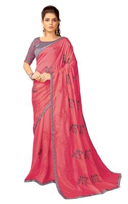 Pink embroidered silk blend saree with blouse 1