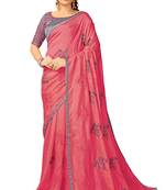 Pink embroidered silk blend saree with blouse