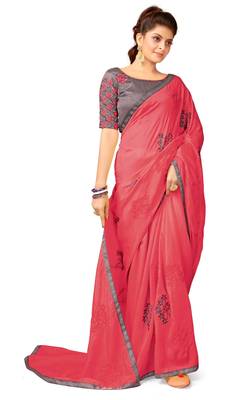 Pink embroidered silk blend saree with blouse 2