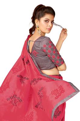 Pink embroidered silk blend saree with blouse 4