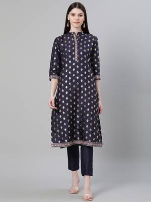 Navy-blue printed art silk kurtas-and-kurtis 1