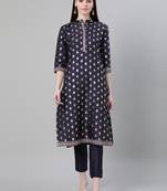 Navy-blue printed art silk kurtas-and-kurtis